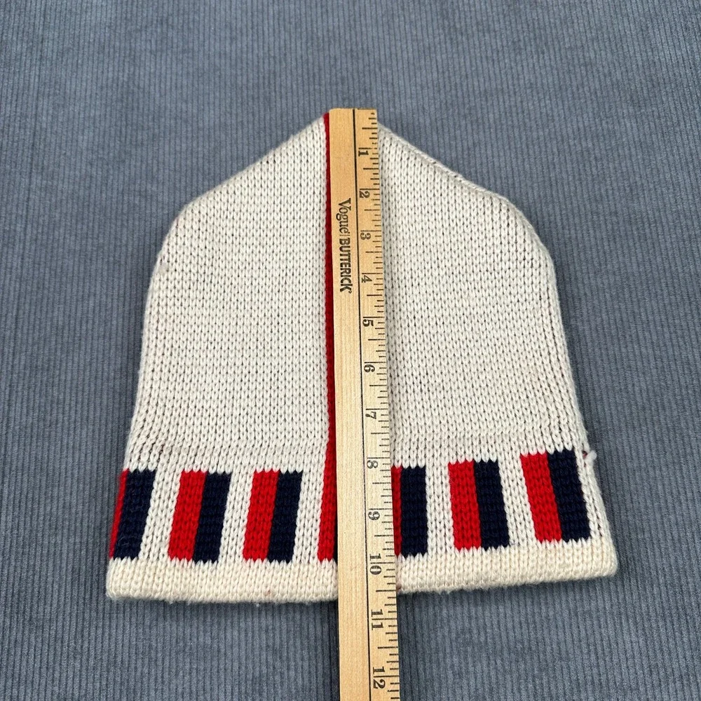 Vintage Wigwam Mills 100% Virgin Wool Beanie Hat Cream Red Navy Stripe USA Made